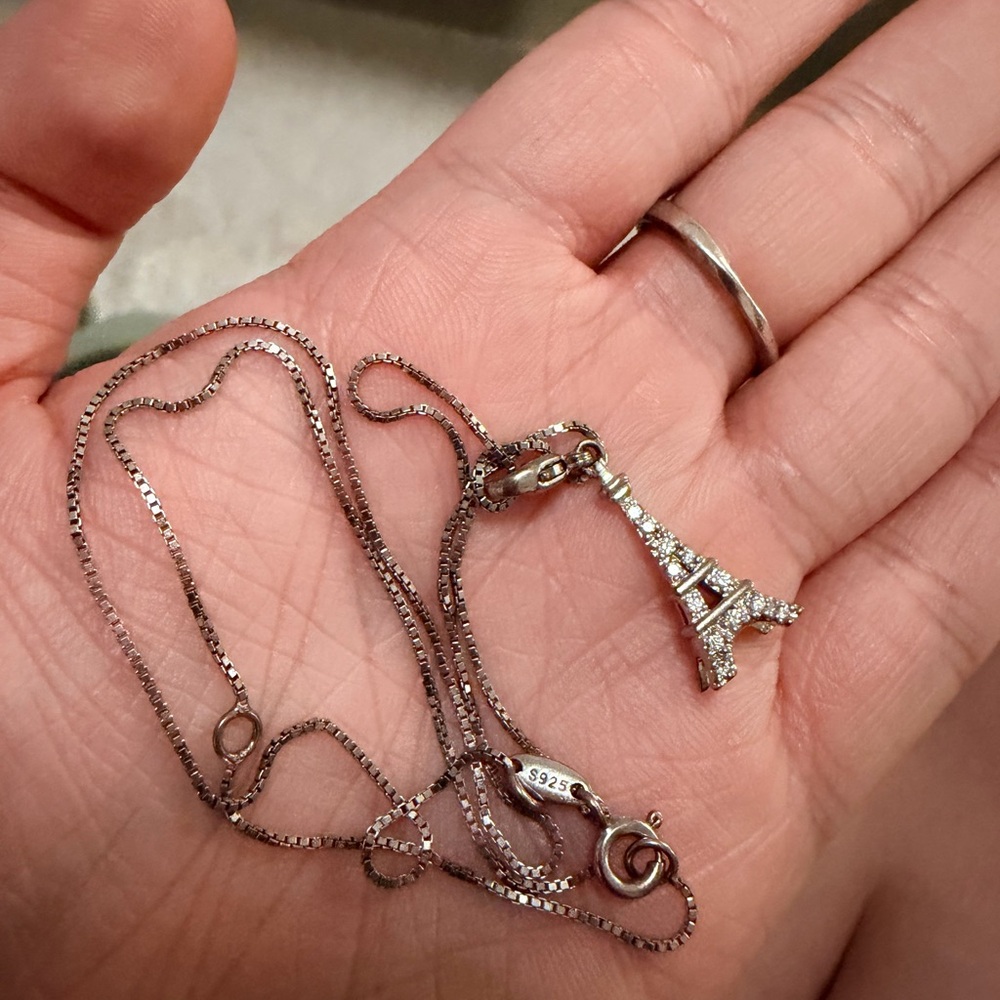 Sterling Silver Eiffel Tower Pendant Necklace with Clear Crystals - Silver